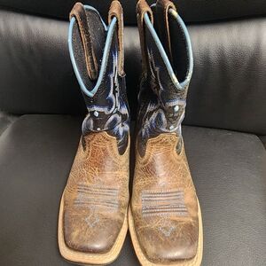 Ariat Brown and Blue Leather Square Toe Western Boots Kid Size 11 Style 10012794